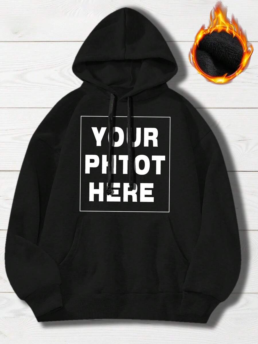 Plus Customized Slogan Graphic Kangaroo Pocket Drawstring Thermal Hoodie - Black - View 1
