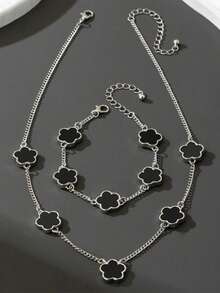 一套男士时尚商务风幸运四叶草吊坠项链，含链条和手链，情人节礼物 - 五葉草銀色 - 查看 4