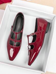 Women's Flat Loafers, Low Vamp, 2025 Autumn/Winter New Versatile Casual Wear, Office Work Shoes, Soft Leather, Non-Slip Soles, British Style, Plus Size 41-43,Ballet Flats - Burgundy - View 1
