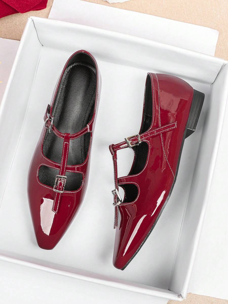 Women's Flat Loafers, Low Vamp, 2025 Autumn/Winter New Versatile Casual Wear, Office Work Shoes, Soft Leather, Non-Slip Soles, British Style, Plus Size 41-43,Ballet Flats - Burgundy - View 1