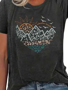Camiseta de mujer 100% algodón |   Cuello redondo con gráfico de montaña y amanecer floral |   Estilo casual y natural - Gris Oscuro - Ver 5