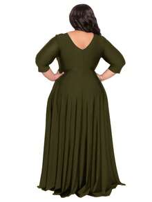 Vestido elegante de primavera de unicolor con cuello en V y cintura ceñida para mujer de talla grande - Verde militar - Ver 3