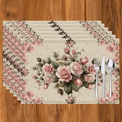 Conjunto de 1 a 12 peças, Caminho de Mesa com Estampa Floral Rosa - Tapete de Mesa Lavável Estampado, Protetor de Superfície, Decoração para Mesa de Jantar Interna e Externa, Ideal para Festas de Fim de Ano e Cozinha