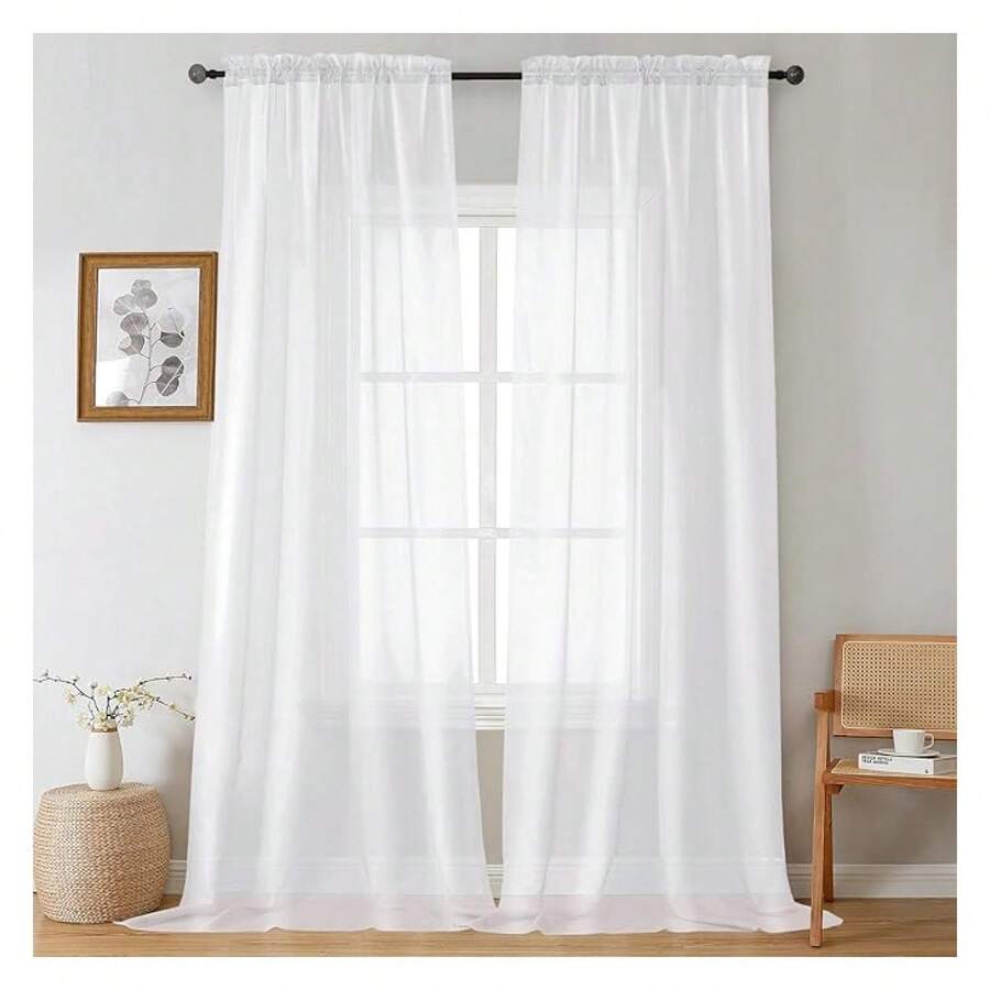 White Sheer Curtains 108 Inches Long 2 Panels Set, Voile Light Filtering Window Treatment Drapes For Living Room Bedroom Canopy, Each 42Wx108L Inches, 9 Ft, White - 多色158 - 查看 1