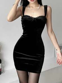 YeonC Spaghetti Strap Off-Shoulder Bodycon Solid Color Sexy Versatile Dress - Black - View 4