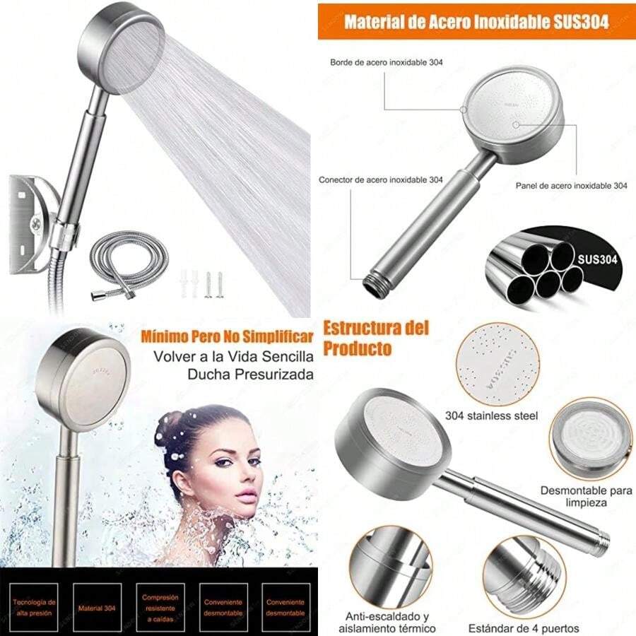 Sendowtek Regadera de Teléfono de Mano, Alcachofa de Ducha de Acero Inoxidable 304 con 1.5m Manguera Flexible de y Soporte de Ducha, Filtro de Algodón Incorporado, Adoptando Conector G 1/2'' - Plata(default) - Tipo 1 - Ver 1