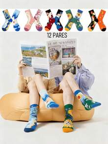 6/12 pares de calcetines de mujer, calcetines con estampados, Calcetines de dibujos animados unisex, pares de calcetines coloridos de pintura al óleo, idea de regalo divertida para mujeres, hombres, jovenes e infantes - Multicolor - Ver 6
