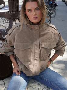 优雅女士麂皮夹克，长袖，翻领，带口袋，拉链，女士外套，时尚复古，高街品牌 - 卡其色 - 查看 4