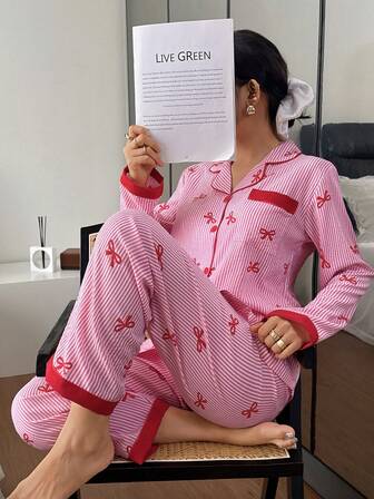 2pcs Women Pajama Set, Striped Bow Print Long Sleeve Lapel Collar Pocket Top And Pants, Ladies Sleepwear Loungewear For All Seasons