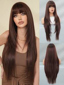 7JHH WIGS Perruque droite extra longue de couleur marron moka avec frange, perruque longue naturelle à couches de haute qualité en fibre synthétique douce pour cheveux droits. Convient pour un usage quotidien et scolaire pour les femmes. 34 pouces - Tabac - Voir 3