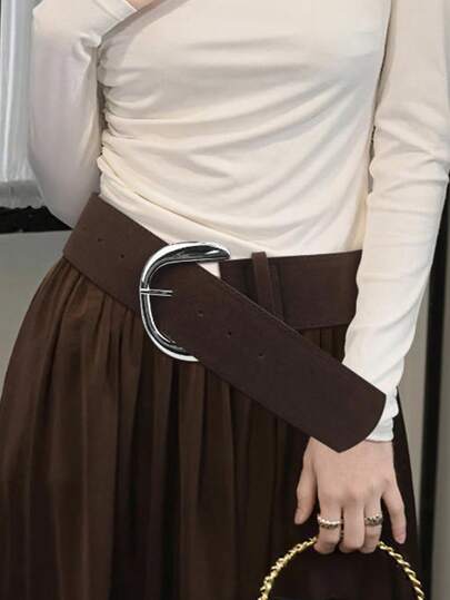 1pc Vintage Brown Faux Suede Plus Size Women's Wide Waist Belt, Solid Color Fashion Simple Versatile Layering Waist Accessory, Suitable For Daily Use (Belt Length 103cm-104cm, 2cm Error Is Normal)