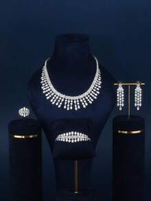 4pcs Silver Luxury Full Zirconia Stone Crafted Shiny Fashion Jewelry Set - Necklace, Ring, Bracelet, Earrings, Suitable For Women Wedding Party - Platinum Round Gorgeous 4-piece Set - View 6