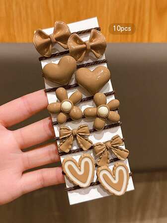 10个装咖啡色韩式蝴蝶结和心形发圈，价格实惠的日常发饰