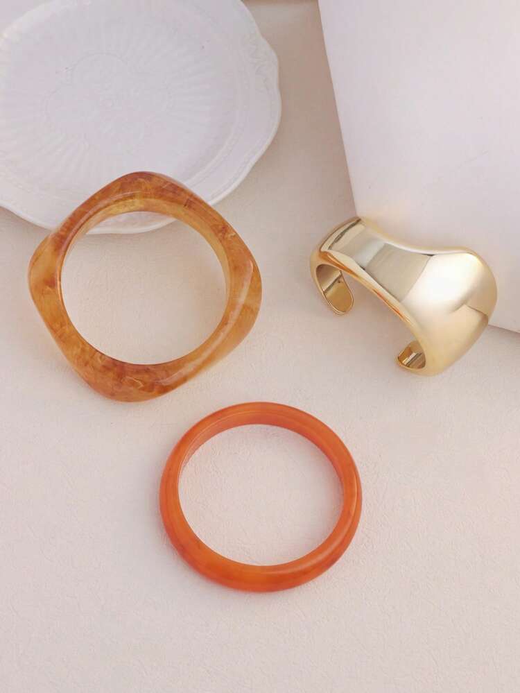 3pcs Set Bohemian Style Vintage Resin Bracelet Set For Women, Asymmetrical Geometric Design, Boho Layered Bangle, Party/Holiday Accessories - 3-piece Set - View 8