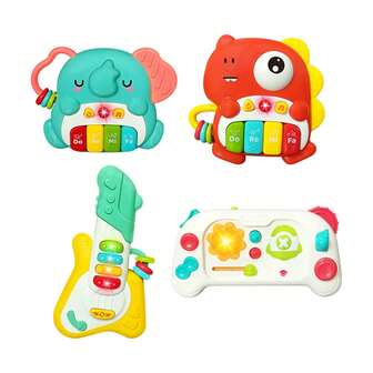 早教婴儿钢琴键盘玩具卡通婴儿音乐玩具仿真吉他玩具感官迷你电子琴玩具配有声音和灯光，具有大象、恐龙、吉他和游戏机样式，可增强婴儿的动手能力（不含电池）