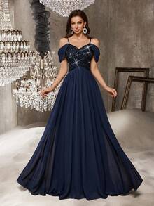 QOQ 简约别致雪纺正式礼服，闪亮亮片，适合鸡尾酒会、晚宴、生日派对、婚礼宾客、舞会等场合，露肩修身长裙 - 藏蓝色 - 查看 4