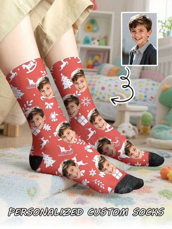 1 Pair Of Christmas Design Customized Face Children's Front Printed Mid Tube Socks, Boy's And Women's Couple Socks, Personalized With Photos, Funny Couple Socks, Comfortable And Breathable, Creative Cartoon Design, Perfect Holiday, Birthday, Valentine's Day Gifts, Funny, Crazy, Anime, Multi-Color Socks