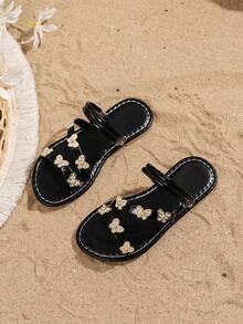 A Pair Of Stylish Children's Flip-Flops, Boho Sandals, Beach Sandals, Bright Diamond Butterfly Flip-Flops, - Black - View 2