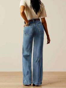 Women's Straight Leg Double Pockets Casual Versatile Long Denim Jeans - Light Blue - View 3