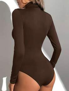 imisic 高领纯色女士连体裤，基础款打底衫+紧身弹力塑身衣，全身长袖套头T恤，日常穿着 - 咖啡棕 - 查看 3