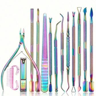 14pcs Cuticle Pusher And Nail File Set, Professional Stainless Steel Nail Care Set, Cuticle Pusher, Manicure & Pedicure Tools, UV Gel Polish Remover, Groove Cleaning Kit For Fingernails And Toenails Dead Skin Nail Tech Supplies