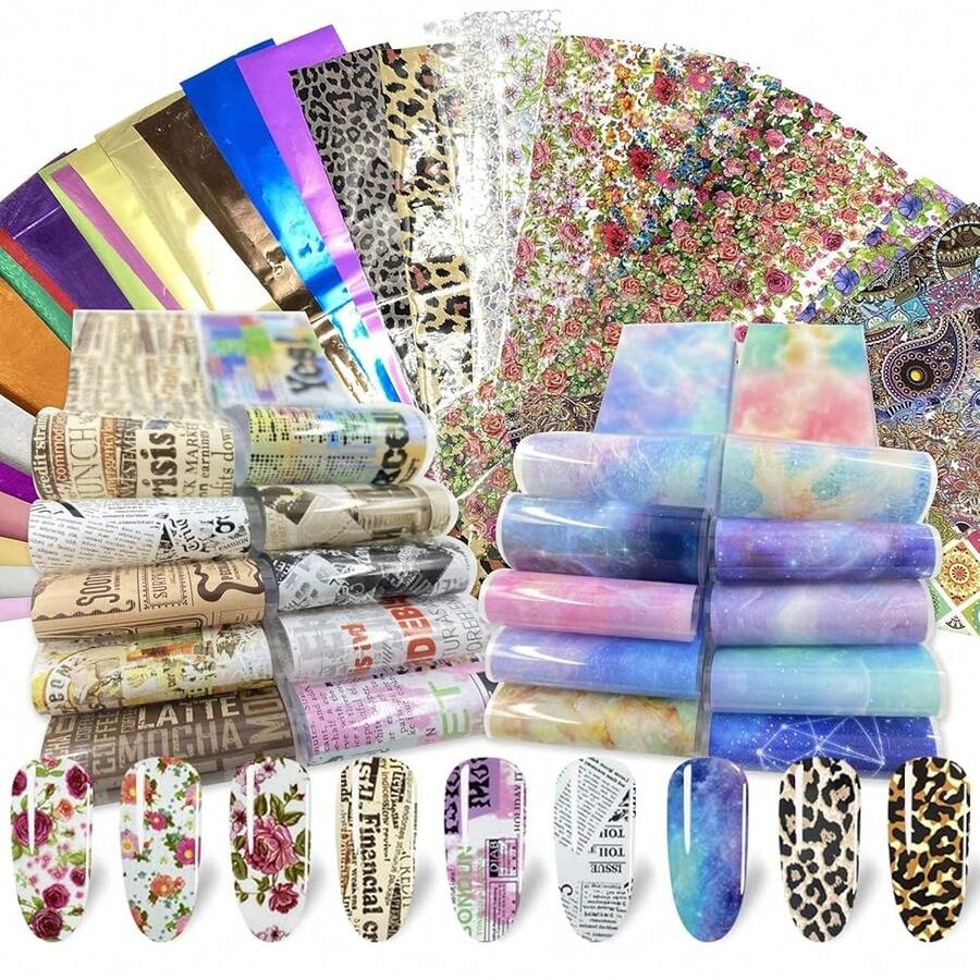 100 Sheets Nail Foil Transfer Sticker Kit, Art Decals Tips Starry Sky Laser Flower Leopard Print DIY Decorations Supplies Design{Inchcolorinch:InchMulticolorinch} - 多色 - 查看 1