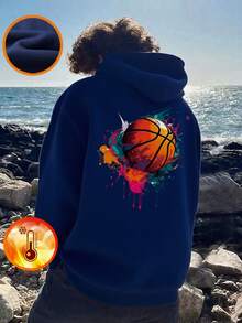 1pc Tween Boys' Casual Letter Graphic Print Pullover Sweatshirt, Warm Thermal Lined, Suitable For Students, Autumn/Winter - Basketball Themed Colorful Sweatshirt To Inspire Kids' Imagination - Navy Blue - View 7