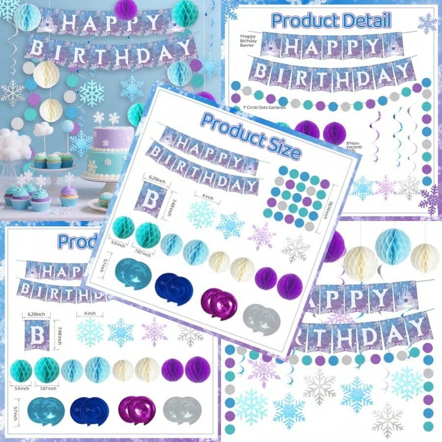 Frozen Birthday Party Decorations Princess Party Supplies Birthday Banner Honeycomb Balls Snowflake Hanging Swirls Circle Dots Garland Winter Theme Wonderland For Boys And Girls - Violet et bleu - Voir 1