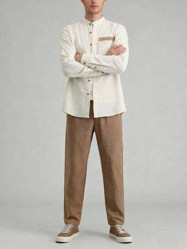 Conjunto de camisa de manga comprida com gola redonda e calça casual solta com cordão reto, para outono/inverno, masculino maduro, em tecido tipo linho. Blusa casual de manga comprida e calça com cordão, cor sólida, sem elasticidade, ideal para homens maduros e modernos, ideal para passeios, encontros, viagens e deslocamentos para o escritório. 100% poliéster, lavável à mão/máquina, roupas confortáveis.