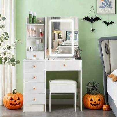 Dressing Table LED Mirror Makeup Dresser Vanity Furniture+6 Drawers&Stool White-Touch Control Mirror, Ideal For Organizing Makeup, Skincare. Compact Vanity Furniture Fits Bedroom, Serves As Decor, Gift, Perfect Gift For Women