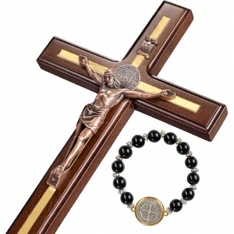 St Benedict Crucifix Wall Cross - Hanade Saint Benedict Wood Cross Wall Dr - Catholic Crucifix - 12 Inch,25867025 - 咖啡棕 - 查看 1
