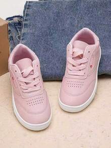 1 par de zapatos deportivos y de skate casuales y de moda para niños, con parte superior de piel de ante y parches, suaves y cómodos, ligeros, con cierre de conveniente, aptos para interiores/exteriores, juegos, festivales, diseño de unicolor, sencillo y versátil - Rosa - Ver 2