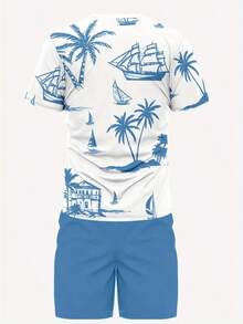 Camiseta de algodón sintético transpirable de verano para hombre Conjunto de dos piezas Camiseta de manga corta con estampado de palmeras y pantalones cortos con cordón de ajuste - Celeste - Ver 6