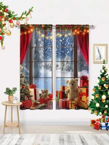 2PCS Christmas-Themed Brushed Fabric Digital Printed Curtains, With A Design Of Red Curtains Decorated With Small String Lights. Rod Pocket Installation, Made Of Translucent Polyester Fabric. Suitable For Living Rooms, Kitchens, Bedrooms, Hotels And Dining Rooms.
