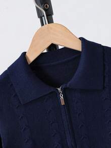 1pc Boys' Autumn/Winter New Navy Blue Polo Shirt With Half Zip, Twist Rope Textured, Fashionable European & American Style, Loose Fit, Versatile Top For Older Kids - Royal Blue - View 3