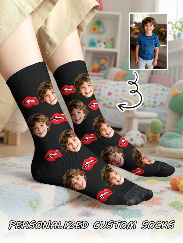 1 Pair Of Customized Face Children's Mid Tube Socks, Put Any Face On Socks,Boy And Girl, Personalized Socks For With Photos, Interesting Customized Picture Pairs With Medium To Long Socks, Suitable For Valentine's Day, Birthdays, Gift Giving