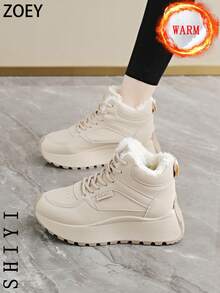 女士系带厚底雪地靴，秋冬季保暖内衬 - 卡其色 - 查看 7