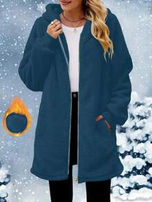 Jaqueta casual elegante e moderna com capuz, em fleece dupla face e modelagem solta. - Azul marinho - Ver 3