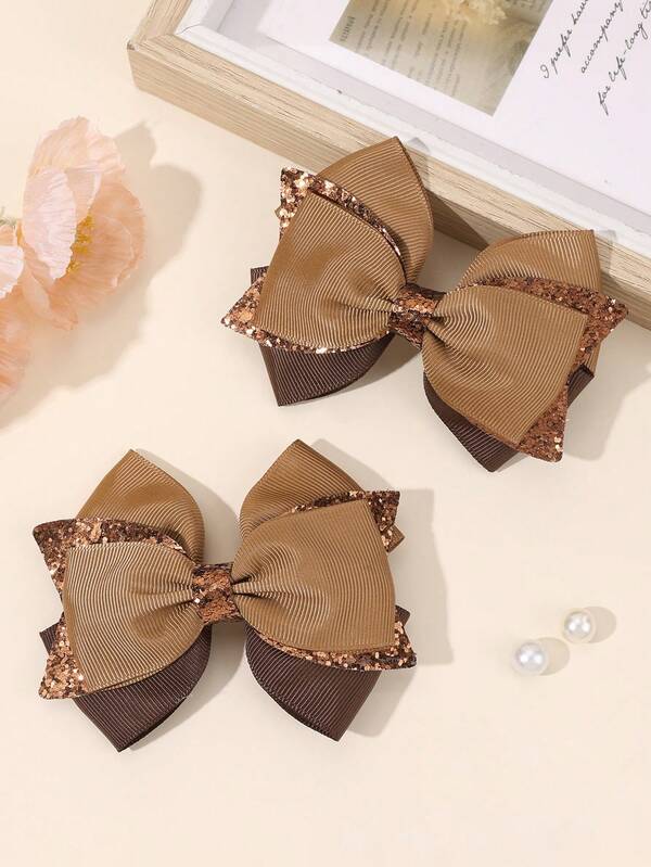 2pcs Brown Glitter Hair Bows Clips For Girls Earth Tone Color Bow Hair Clips Sparkly Glitter Brown Grosgrain Ribbon Bow Barrettes Casual Daily Bow Hairpins Fall Winter Headpiece Teens Hair Accessories