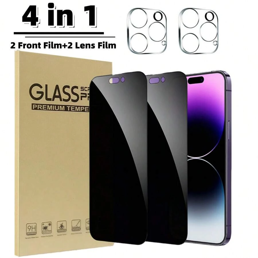 4-In-1 Privacy Screen Protector Tempered Glass, With Rear Camera Lens Glass Film, Compatible With Iphone 17/16/15/14/13/12/11 Pro Max, 2pcs Anti-Peep Front Glass Film, 2pcs Camera Lens Glass Film
