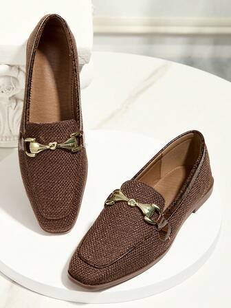 Mocasines de lino transpirables con hebilla de metal, estilo británico, planos, sin cordones, con punta cuadrada, zapatos casuales de unicolor perforados para uso en exteriores, para todas las estaciones, para mujer