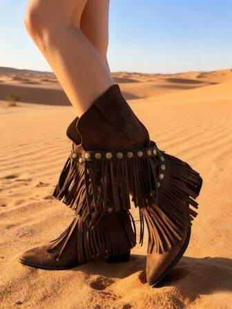 Maillard Western Cowgirl Boots For Women, Bohemian Style Pointed Toe Chunky Heel Mid-Calf Boots, Casual Versatile Fringe & Rivet Decor Dual-Wear Fashion Boots, Pointed Toe Mid-Heel Boots