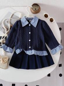 2pcs/Set Girls' Plaid Patchwork Cable Shirt And Pleated Skirt, Sweet & Cool Style, Cute Street Style, Elegant & Graceful School Look