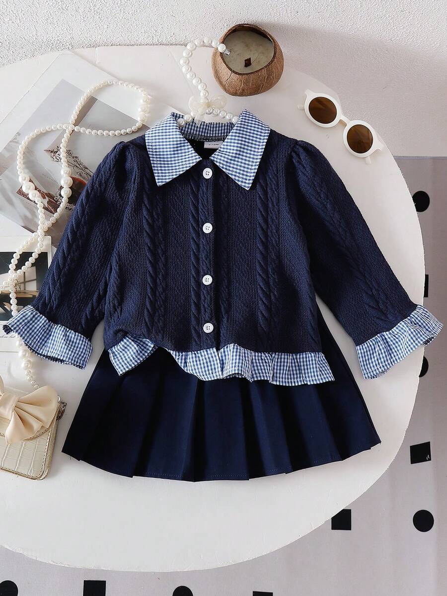 2pcs/Set Girls' Plaid Patchwork Cable Shirt And Pleated Skirt, Sweet & Cool Style, Cute Street Style, Elegant & Graceful School Look
