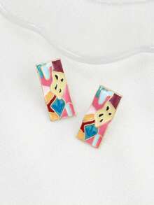 1 Pair Exquisite Dopamine Themed Vintage Oil Painting Elegant Business Luxury Earrings, Romantic French Style - Rectangular Wave Earrings - View 4