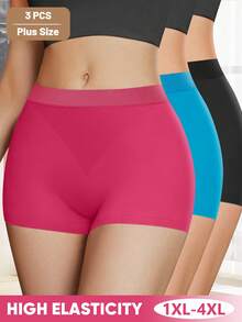 3pcs Women's Plus-Size Boxer Briefs, Striped Design, Simple Solid Color, Stretchable, Soft, And Breathable - 彩色 - 查看 1