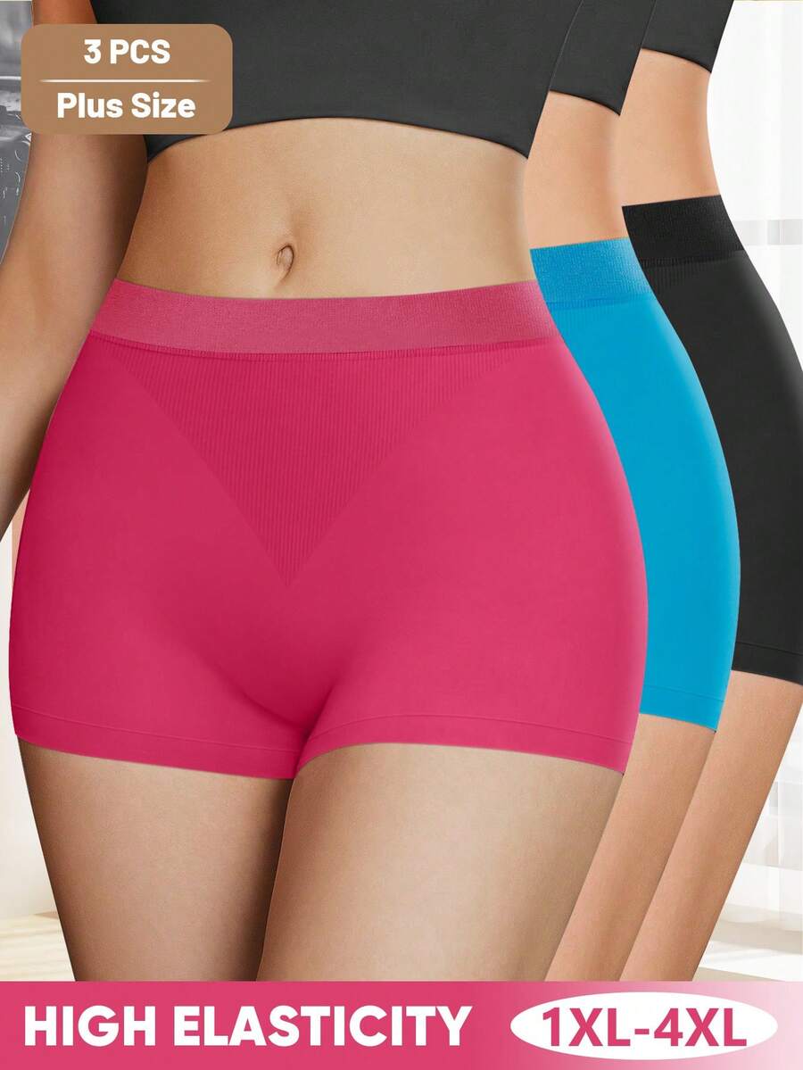 3pcs Women's Plus-Size Boxer Briefs, Striped Design, Simple Solid Color, Stretchable, Soft, And Breathable - 彩色 - 查看 1