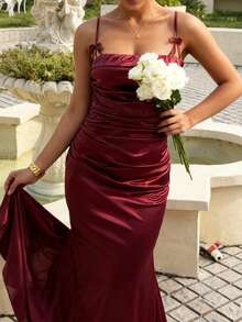 WOWDARK Women's Autumn Fashion Ruched Satin Split Hem Dress, Christmas - Burgundy - View 9