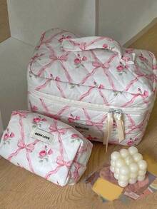 1pc/Set Pink Bow & Rose Quilted Cosmetic Bag, Fashion Portable Makeup Bag, Multi-Functional Storage Pouch For Lipstick, Sanitary Napkin, Coins, Keys, Large Capacity Cute Toiletry Bag, Travel Organizer - Multicolor - View 4