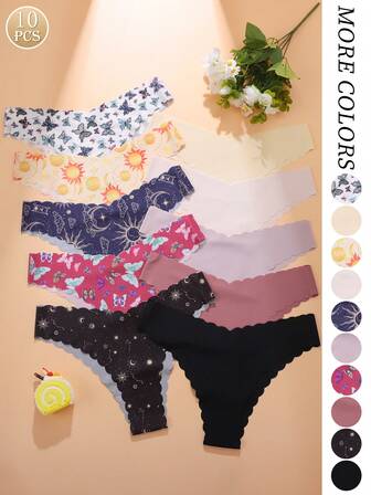 10条/包 - 女士无痕内裤，饰有精致的星蝶印花，波浪形下摆，柔软亲肤面料